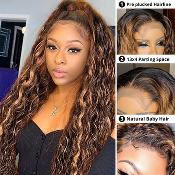 #4/30 Water Wave Highlight HD Lace Front Human Hair Wigs Pre Plucked