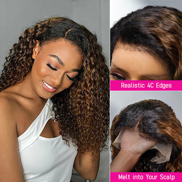 Ombre Brown Curly 4C Edges Hairline Wig Deep Wave 13x4 HD Lace Front Wig Gorgeous Mix Color P1B/30