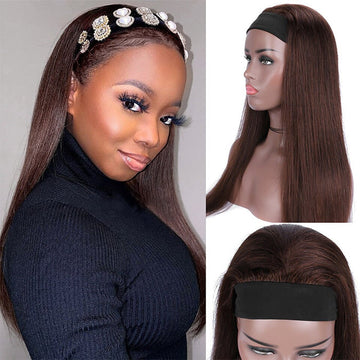 #4 Chocolate Brown Headband Wigs Virgin Human Hair No Gel No Glue Silk Scarf Wigs