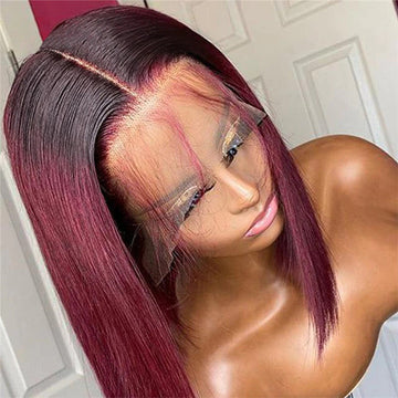 T1b/99J Red Color Human Hair 13x4 Lace Front Wigs Burgundy Straight Short Bob Brazilian Remy Pre Plucked Wig 150%