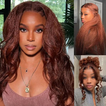 Reddish Brown Hair Kinky Straight Wigs 13x4/4x4 HD Lace Front Wig Natural Density Auburn Copper Color