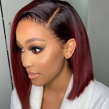 T1b/99J Red Color Human Hair 13x4 Lace Front Wigs Burgundy Straight Short Bob Brazilian Remy Pre Plucked Wig 150%