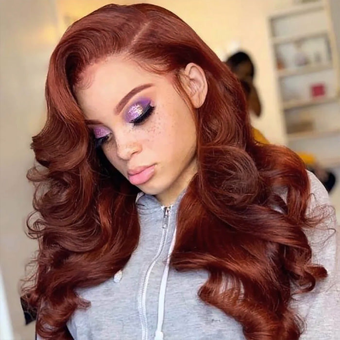 Reddish Brown 4x4 13x4 HD Lace Human Hair Wig #33B Auburn Colored Body Wave Wigs