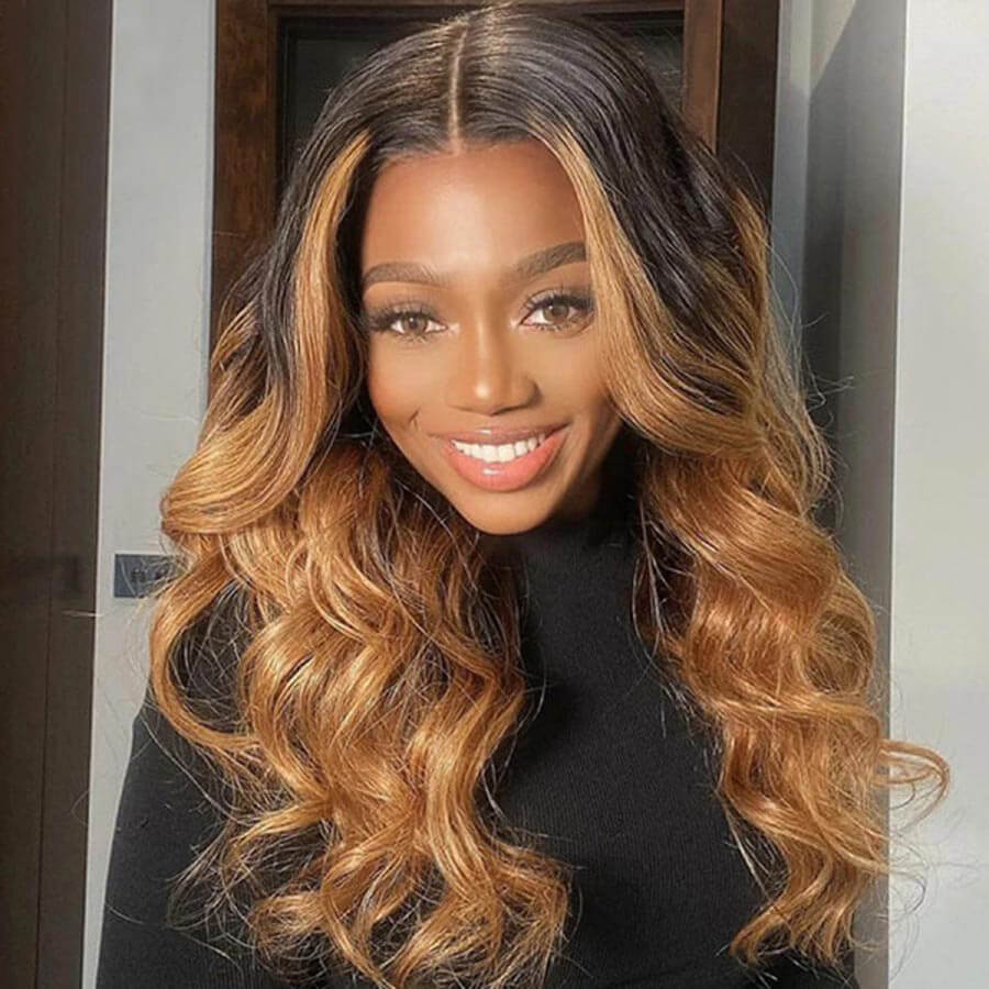 T1B/27 Ombre Human Hair Wigs with Blonde Highlight Body Wave HD Lace Front Wigs Pre Plucked