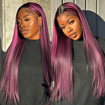 Balayage Intense Pink Violet Highlight Lace Front Wigs 13x4 Transparent HD Lace Human Hair Wigs