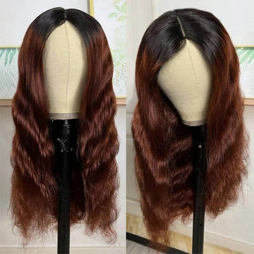 Reddish Brown Dark Roots V/U Part Wig Body Wave Glueless Human Hair Wigs Beginner Friendly No Lace