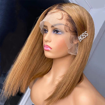 Ombre Blonde T4/27 Straight 13x4 Lace Front Wig Short bob Lace Front Human Hair Wigs 150% Density
